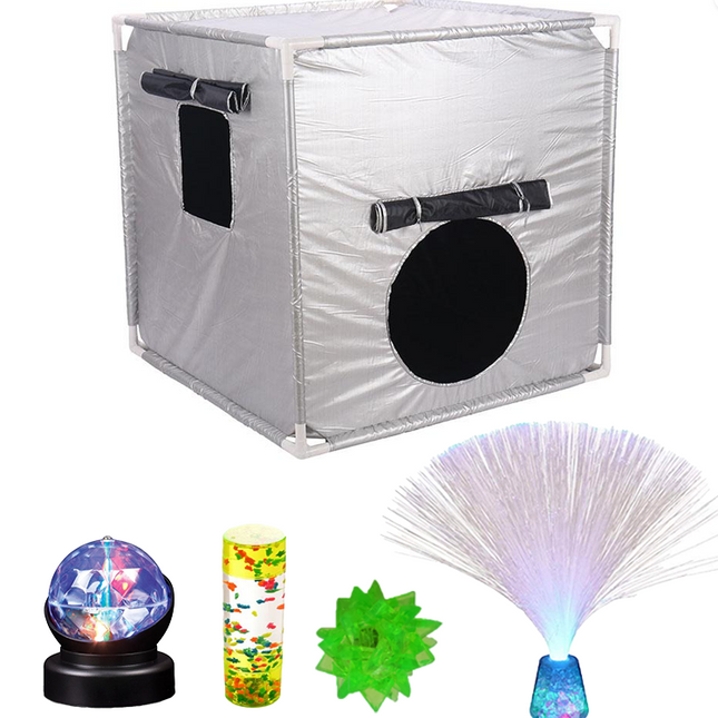 Dark Den Pop Up Play Tent 1mtr x 1mtr with 4 Light Up Toys - SENsory Toys4U