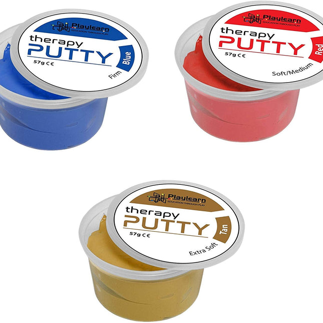 Therapy Putty (Set of 3) Extra Soft (Tan), Soft/Medium (Red) and Firm (Blue) - SENsory Toys4U