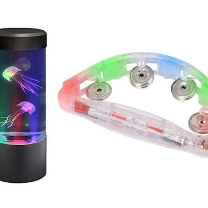 Mini Jellyfish Aquarium Mood Lamp Tank & 1 x Large Light up Tambourine - SENsory Toys4U