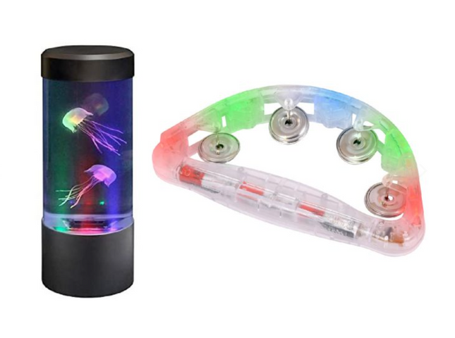 Mini Jellyfish Aquarium Mood Lamp Tank & 1 x Large Light up Tambourine - SENsory Toys4U