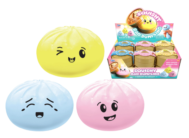 Squishy egg dumplings with facial expressions and packaging on a white background